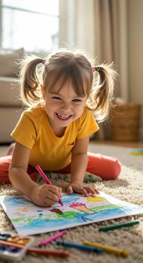 A joyful young child with pigtails smiles while coloring on the floor, surrounded by crayons and their artwork, showcasing creativity and engagement A joyful little girl with blonde pigtails happily coloring a vibrant picture, showcasing one of the clear benefits of coloring for kids through creative engagement.