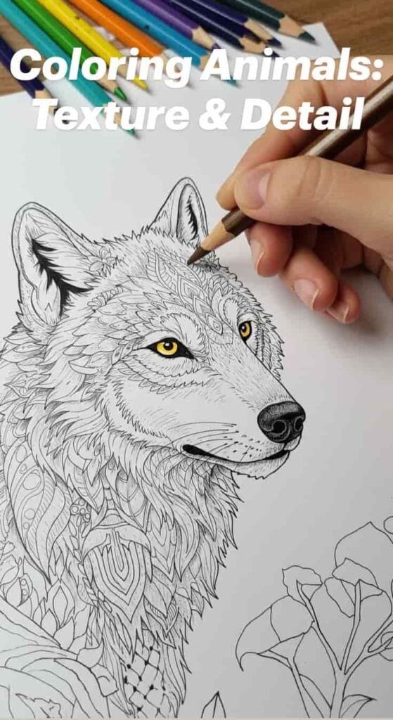 Beyond Mandalas_ Discover the Wild Beauty of Animal Coloring Books-min A hand coloring a detailed, stylized wolf head illustration with intricate patterns, using a teal colored pencil. The wolf has bright yellow eyes.
