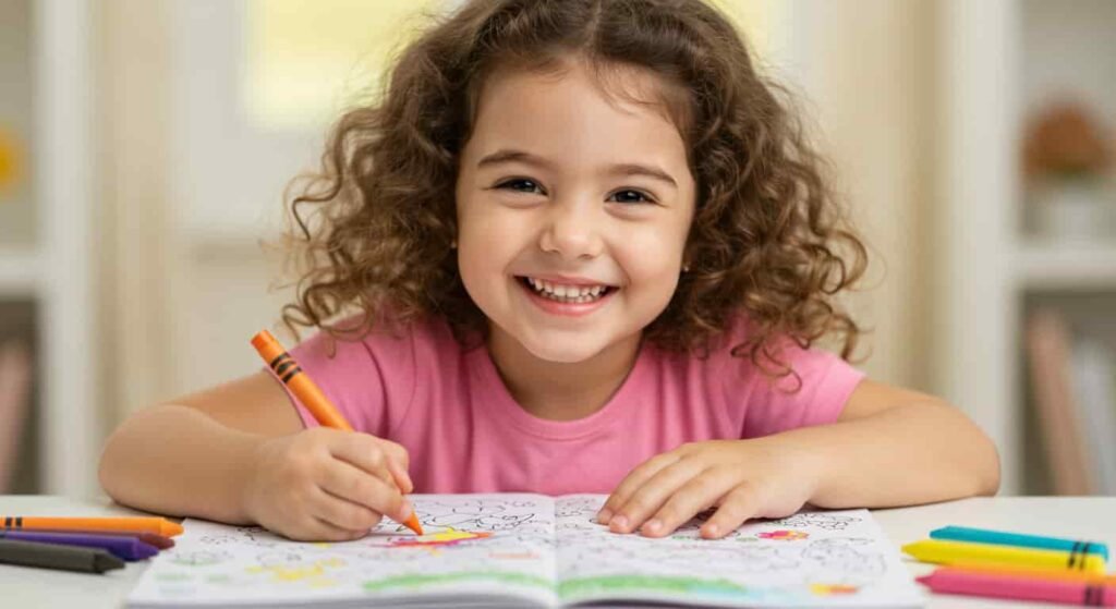 Child enjoying coloring A happy young girl smiling while coloring an open book, highlighting the joy and developmental benefits of coloring for kids as an engaging activity.