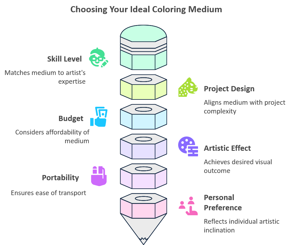 Choosing Your Ideal Coloring Medium An infographic titled 'Choosing Your Ideal Coloring Medium' featuring hexagonal blocks for factors like Skill Level, Project Design (including mandala coloring pages), Budget, Artistic Effect, Portability, and Personal Preference.