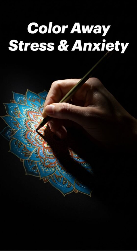 A hand holding a paintbrush colors a detailed blue and teal mandala, illustrating the Benefits of coloring for stress and anxiety relief.