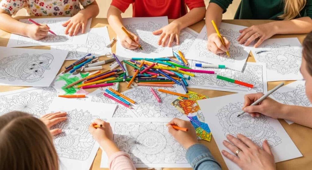 An overhead view of multiple hands, belonging to both children and adults, actively coloring various detailed and whimsical designs on printable pages spread across a table, surrounded by a colorful array of pencils and markers