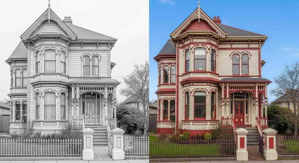 Grand-Victorian-Mansion-Coloring-Page-Feature 5-min A detailed black-and-white line drawing of a majestic Victorian mansion. The house features a soaring central spire, multiple ornate gables, numerous multi-paned bay windows with decorative trim, and an expansive wraparound porch with elaborate railings and columns. The design is pure line art on a white background, with all areas perfectly enclosed for coloring. Stylized trees and bushes frame the grand structure.