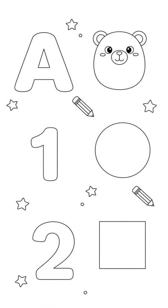 Educational coloring pages alphabet numbers shapes