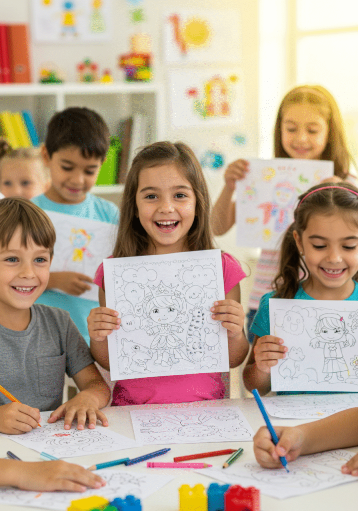 Diverse kids coloring fun, bright coloring books, playful children creating art