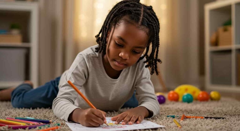 Kids Coloring Boost Focus and Creativity for Child Development A young child intently coloring a picture on the rug, demonstrating the concentration and fine motor skill development, key benefits of coloring for kids.