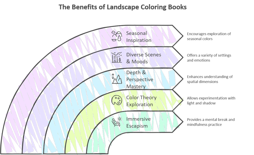 The Benefits of Landscape Coloring Books - image An infographic titled 'The Benefits of Landscape Coloring Books' showing five arched layers, each representing a benefit: Seasonal Inspiration, Diverse Scenes & Moods (offering a refreshing alternative to mandala coloring pages), Depth & Perspective Mastery, Color Theory Exploration, and Immersive Escapism.