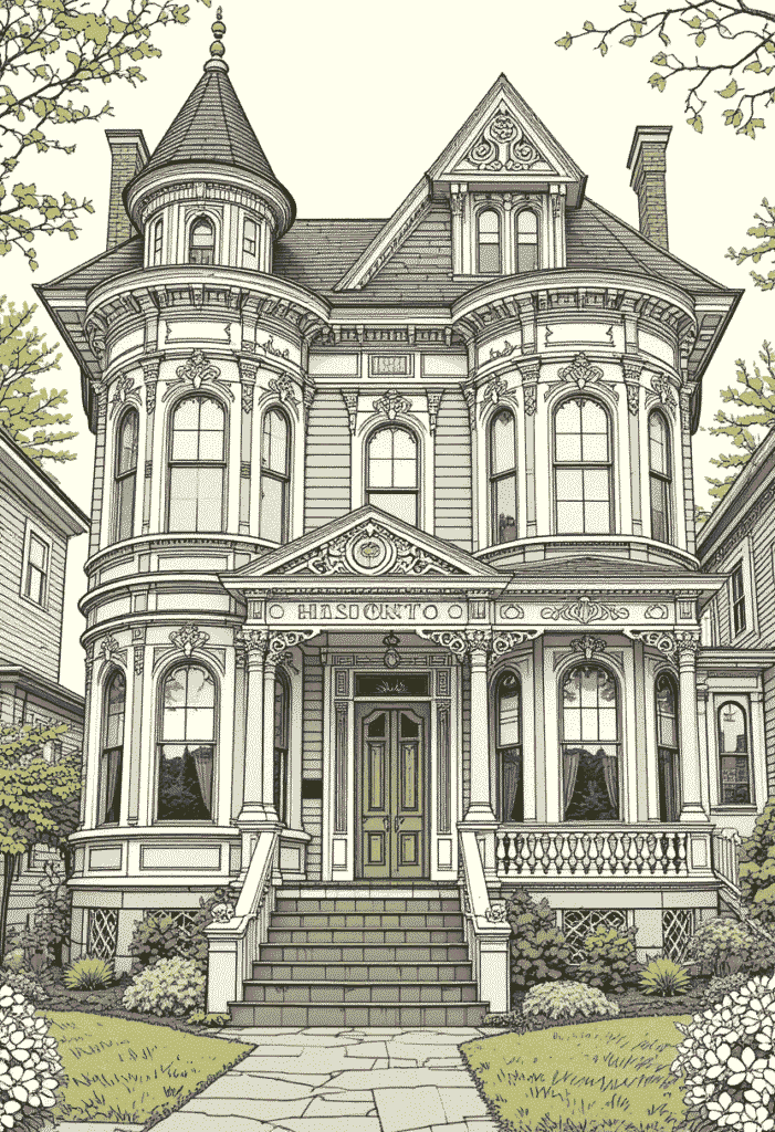 Victorian-Era-House-Sketch-Illustration A detailed architectural illustration of a grand Victorian-era house with light, subtle coloring. The house features a prominent conical-roofed tower, multiple gables, bay windows, and an ornate front porch with columns and intricate railings. Light green foliage frames the house, and a stone pathway leads to the entrance. The style combines precise line work with soft washes of color.