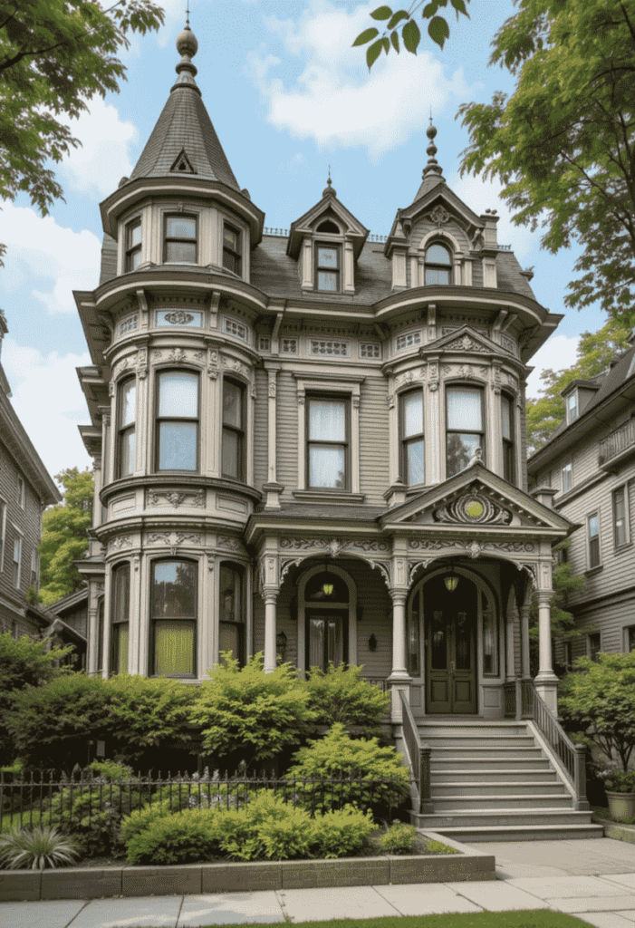 A beautiful Victorian-style house in the USA, featuring light-brown siding, cream-colored ornate trim, a tall dark-grey conical turret, and multiple gables. The house has a grand covered porch with columns, and is surrounded by lush green bushes, a dark fence, and trees under a clear blue sky.