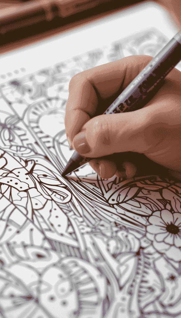 adult-coloring-stress-relief-mindfulness Close-up of an adult's hand meticulously coloring intricate, abstract patterns in a coloring book, illustrating a focus-building activity that contributes to the benefits of coloring for kids.