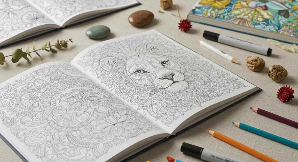 A wide flat lay of an open adult coloring book displaying a partially colored, detailed animal or landscape design, surrounded by artist-grade colored pencils and markers, symbolizing diverse coloring themes beyond mandala coloring pages.