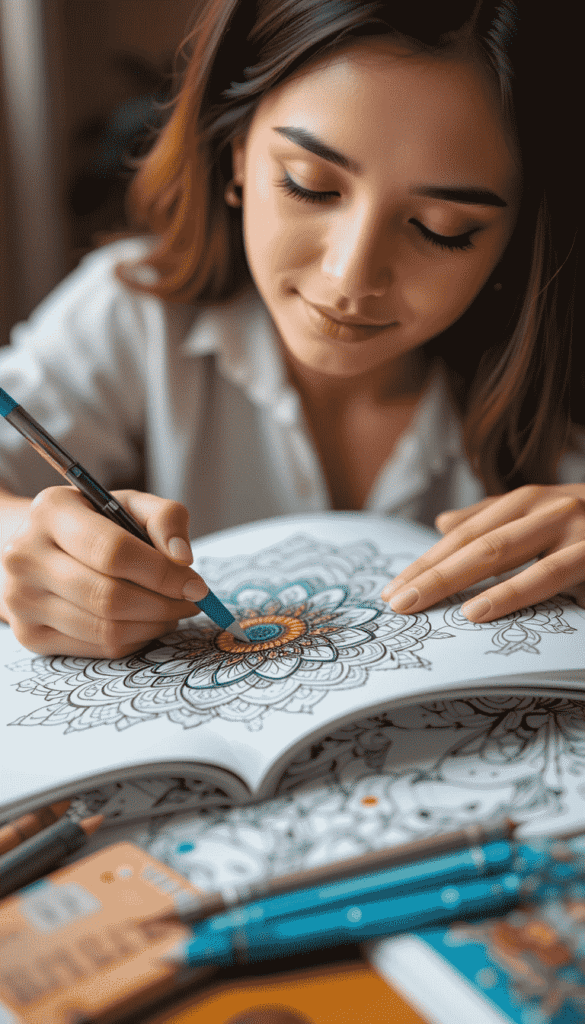 anti-stress-coloring-book-featured-image 2 Woman coloring an intricate mandala design in an adult coloring book