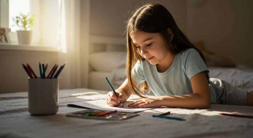 Little girl with long brown hair lying on a bed, focused on coloring with a blue pencil, with art supplies nearby and soft sunlight from a window.