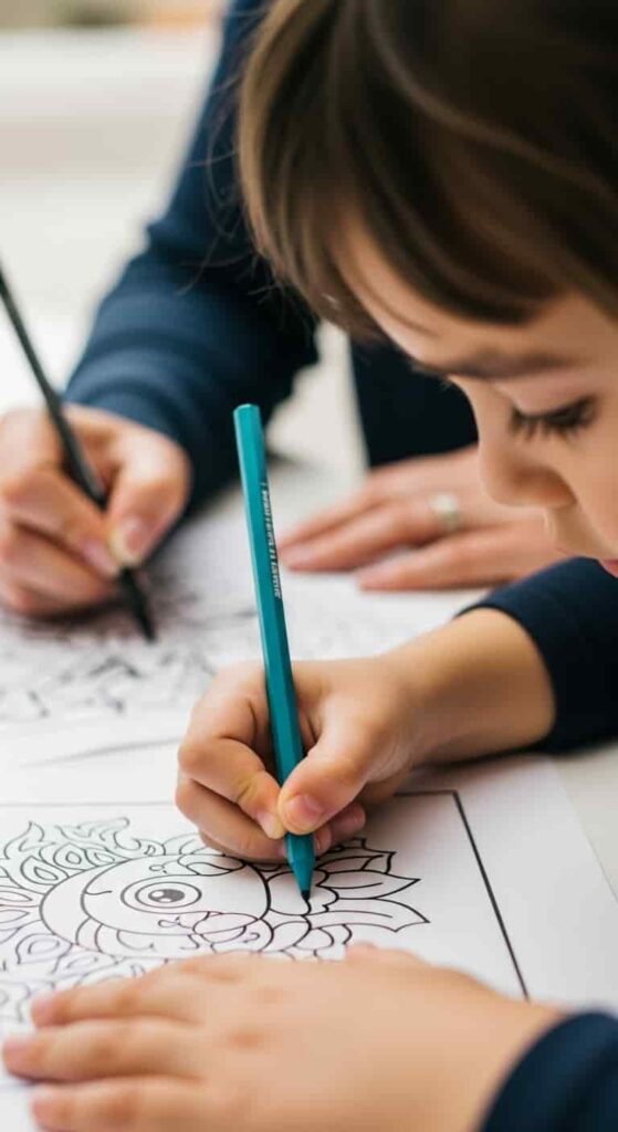 child-shared-coloring-mindfulness A close-up shot of a child's hand intently coloring a detailed mandala design with a teal pencil, with an adult's hand subtly seen in the background also engaged in coloring