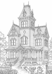 Coloring page of a classic Victorian mansion with a central tower, a detailed front porch, and a garden with bushes and trees.