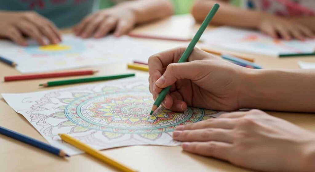 Hands coloring a vibrant page, illustrating creative relaxation