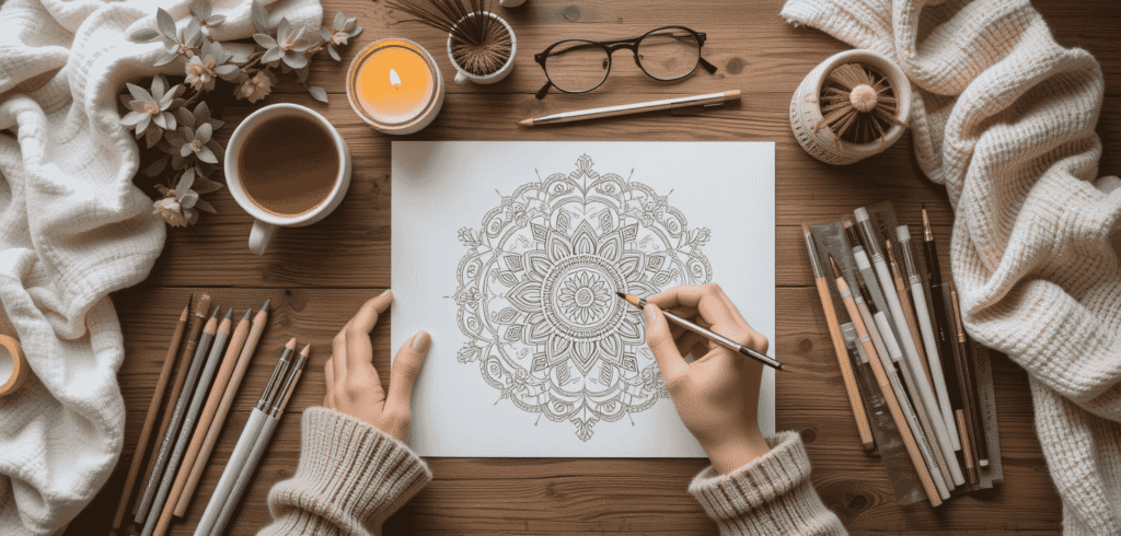 Top-down view of a cozy flat lay scene with a person coloring an intricate mandala page surrounded by colored pencils, tea, candle, and soft blanket on a wooden table