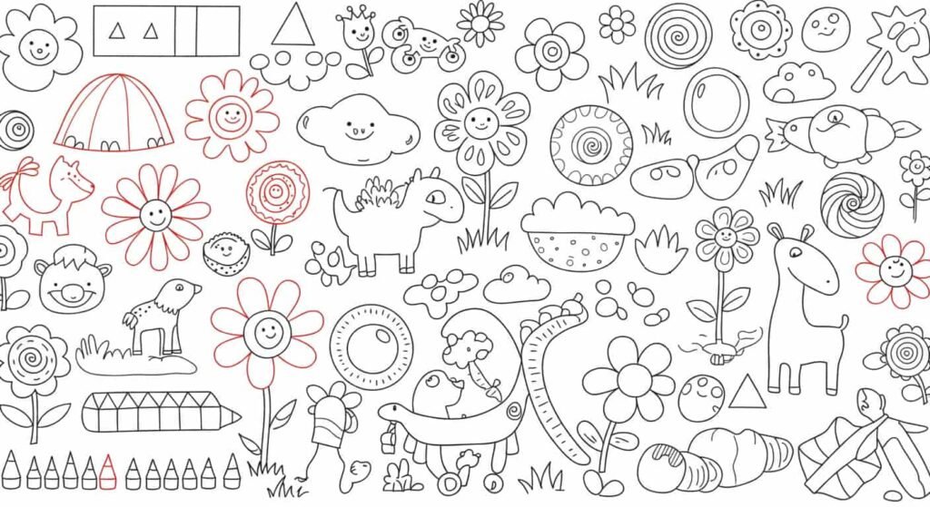 A digital coloring page featuring a whimsical assortment of cartoon outlines, including flowers, clouds, smiling suns, dinosaurs, animals like a unicorn and a giraffe, geometric shapes, and abstract swirls, with some elements outlined in red and others in black.