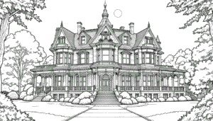Coloring page of a large Victorian mansion with multiple towers and a long path leading to the entrance, framed by trees on the sides.