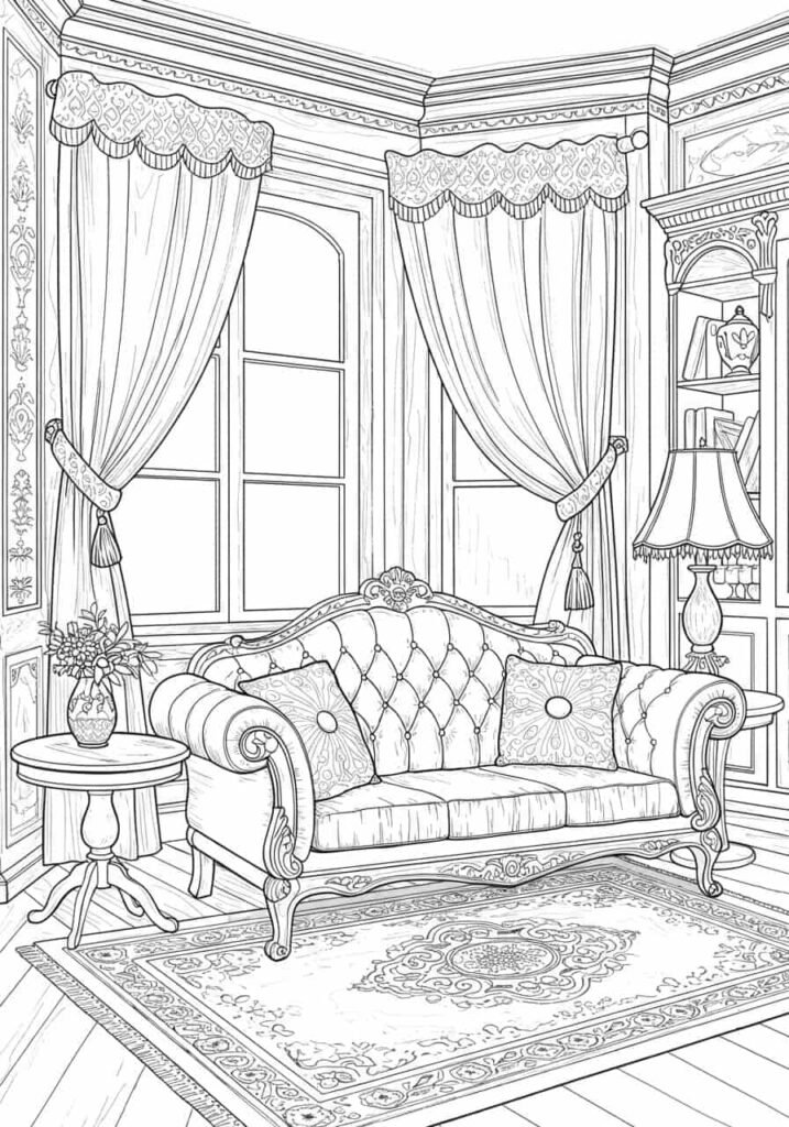elegant-victorian-living-room-coloring-page Detailed coloring page of an elegant Victorian living room featuring an ornate sofa, heavy drapes, a large window, a side table with a vase of flowers, and a table lamp on a bookshelf