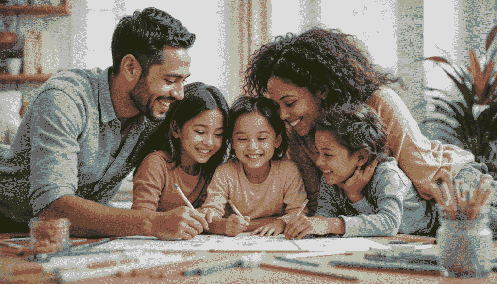 family-bonding-coloring-together-happy-moments A happy and smiling family, including parents and three children, leaning in close together around a table, all engaged in coloring pages with pencils, creating a heartwarming scene of shared activity and connection.