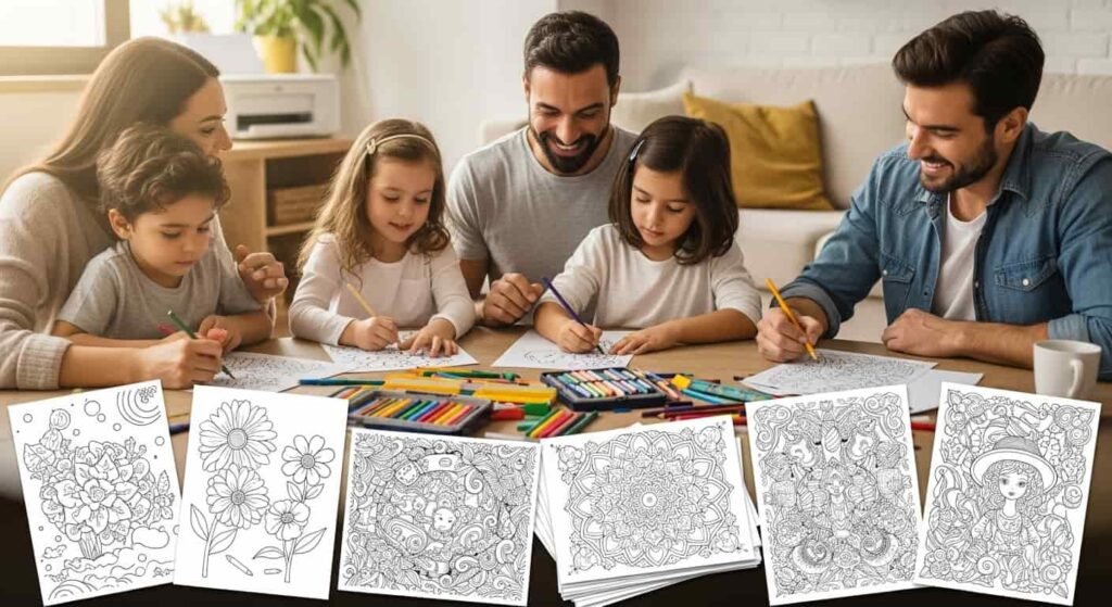 A diverse family (parents and two children) joyfully coloring together around a table, surrounded by bright crayons and various printable coloring pages, showcasing screen-free fun and creative bonding