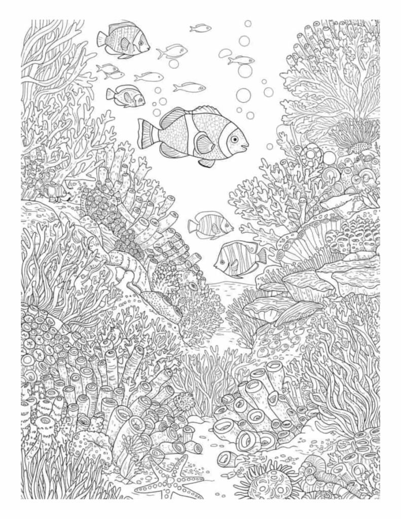 Detailed black and white drawing of a coral reef for coloring, showing various fish and marine plants.