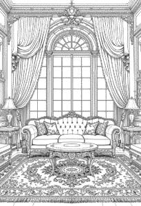 Coloring page of a grand Victorian living room with an ornate sofa, a round coffee table, elaborate curtains, and a large bay window.