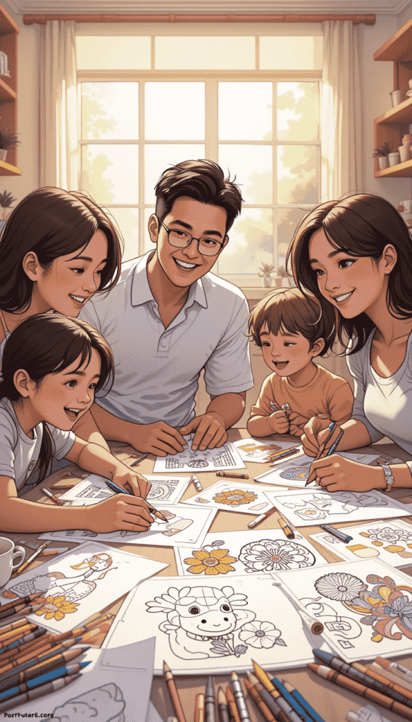 happy-family-coloring-together-printable A happy and diverse family, including two adults and two children, smiling and intently coloring various printable pages together around a table, surrounded by an abundance of colored pencils and markers