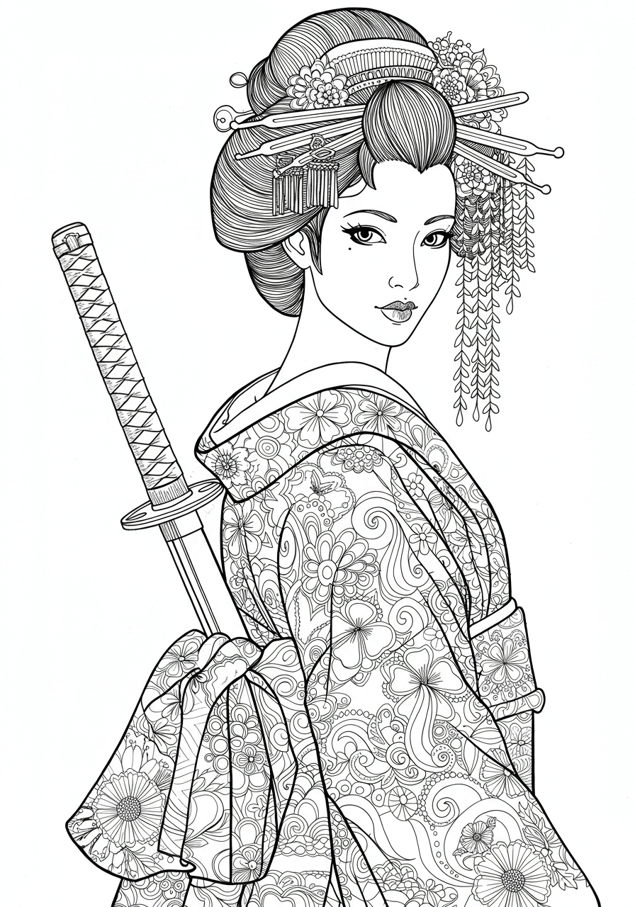 japanese female warrior 7 An illustration of a Japanese female warrior or geisha with an elaborate hairstyle adorned with flowers and hairpins, and a kimono featuring intricate floral patterns. She carries a sheathed katana on her back. The image is a detailed, black and white line drawing, without shadows, ideal for coloring