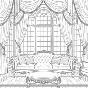 Coloring page of a luxurious Victorian interior featuring a tufted sofa, an elaborate coffee table, opulent curtains, and a large bay window.