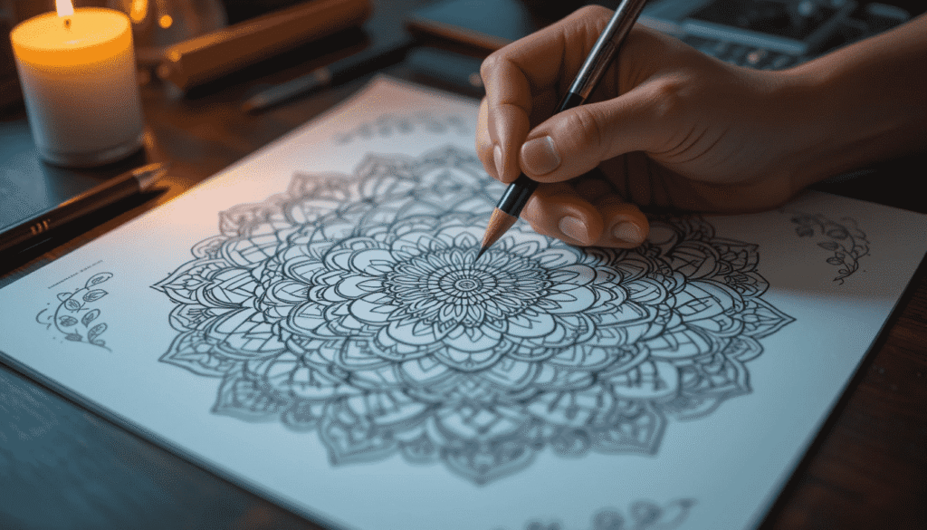 mandala-coloring-adults-mindfulness-relaxation A close-up of a hand carefully coloring an intricate mandala design with a pencil, illuminated by the warm glow of a lit candle, conveying a sense of calm and focus