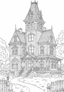 Coloring page of an ornate Victorian house with a pointed tower, multiple levels, a porch, and a wrought iron fence in the foreground.