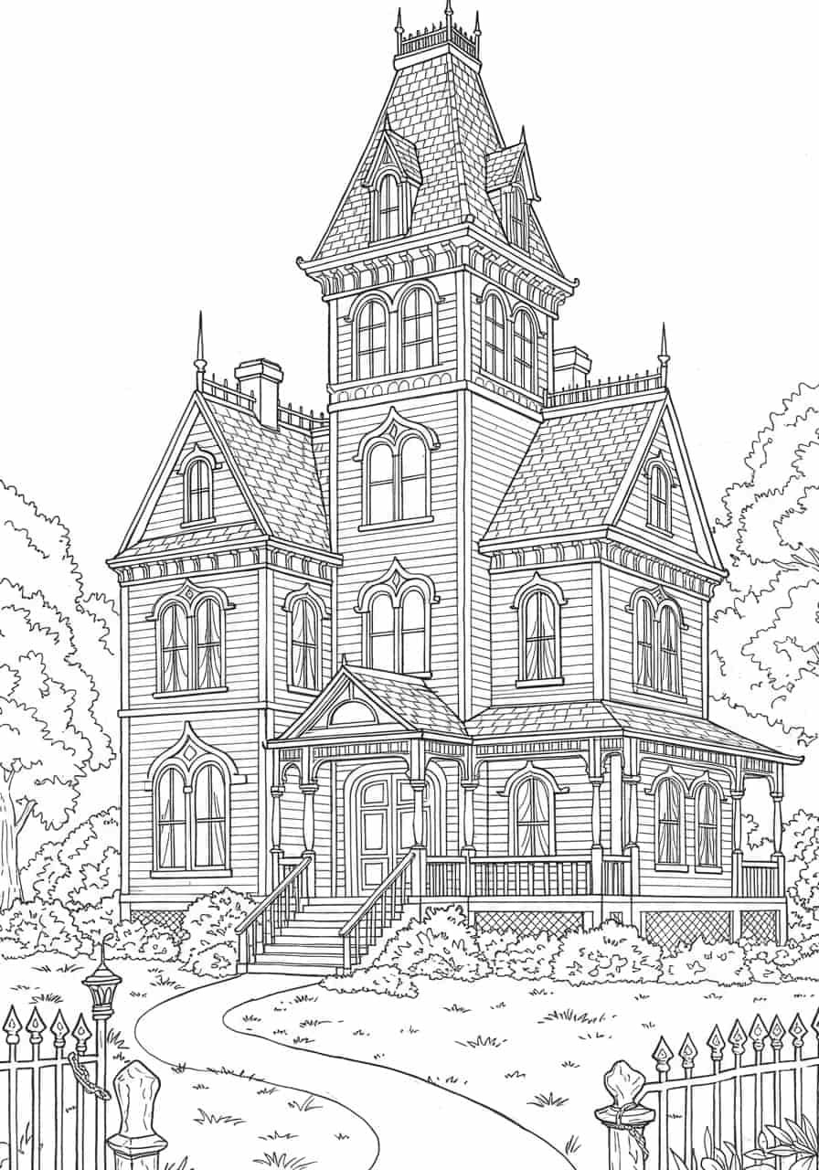 Coloring page of an ornate Victorian house with a pointed tower, multiple levels, a porch, and a wrought iron fence in the foreground.