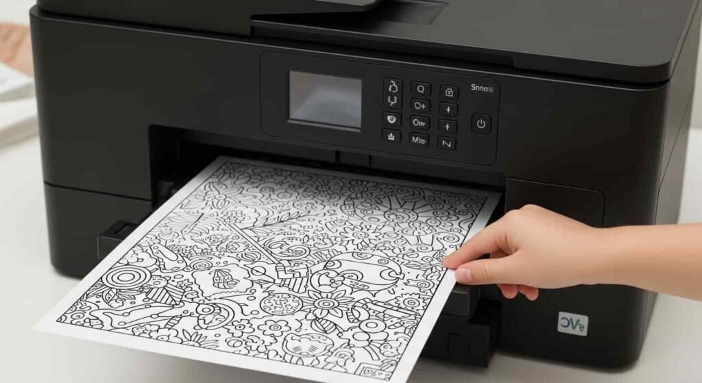 printing-free-coloring-page-instant-download A hand is pulling a freshly printed, detailed black and white coloring page out of a modern black printer, ready for immediate use