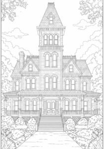 Coloring page of a spooky or haunted Victorian house with a tall tower, clouds, and trees, featuring a path leading to the main entrance.
