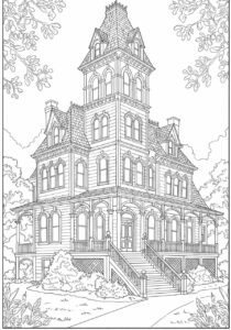 Detailed coloring page of a tall Victorian house with a pointed tower, multiple windows, a covered porch, and surrounding foliage.