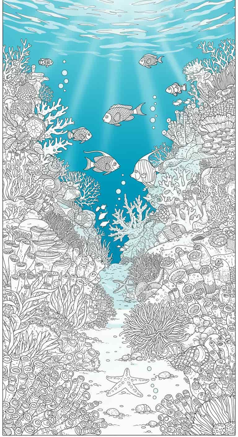 Detailed underwater coral reef adult coloring page featuring various fish, sea plants, and sunrays breaking through the water