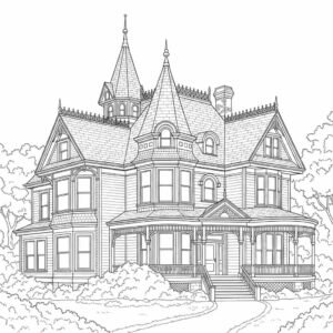 Detailed coloring page of a Victorian house with two pointed spires on the roof, a curved porch, and surrounded by bushes.