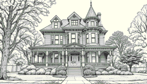 Detailed coloring page of a Victorian house with a porch, tower, and surrounded by lush trees and bushes.