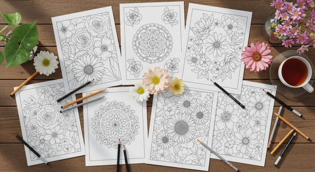 Overhead view of several flower coloring pages featuring intricate floral designs and mandalas, spread out on a wooden table. Pencils, a cup of tea, and some real flowers are also visible on the table.