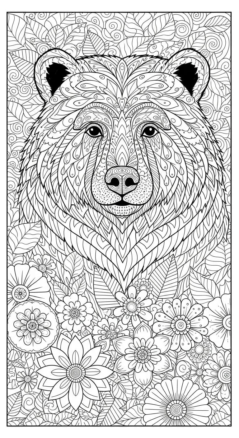 Bear Mandala and Floral Coloring Page