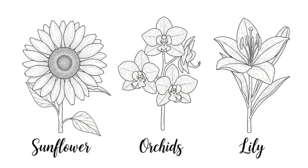 Botanical_Illustrations_Sunflower_Orchids_Lily Three distinct black and white line art illustrations of flowers on a white background: a sunflower, a cluster of orchids, and a lily, each labeled with their name in a cursive font below the illustration.