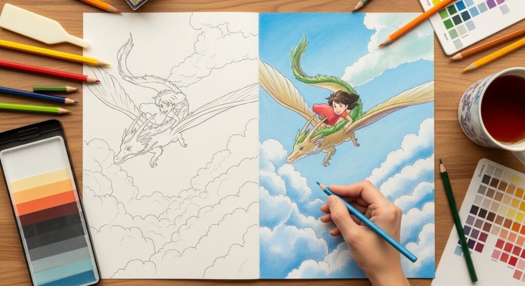 An overhead view shows an open coloring book featuring a Studio Ghibli Coloring Pages illustration in progress. The left page displays the original black and white line art of a young person riding a large, winged dragon flying through clouds. The right page shows the same illustration partially colored in with watercolors or colored pencils, depicting a blue sky, white clouds, a green and beige dragon, and a person in red. A hand holding a blue colored pencil is actively coloring the right page. Surrounding the book are various coloring supplies, including colored pencils, a palette with shades of blue and orange, and a mug of tea.