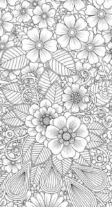 A vertical, highly detailed abstract floral pattern designed for coloring, featuring various types of flowers, leaves, and swirling organic shapes tightly packed together with thin black lines on a white background.
