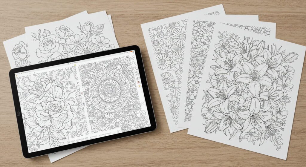 Digital_and_Print_Coloring_Pages An overhead view of a tablet displaying digital coloring pages with floral and mandala designs, placed on a light wooden surface. Beside it are several printed coloring pages featuring various floral patterns like roses, daisies, and lilies.