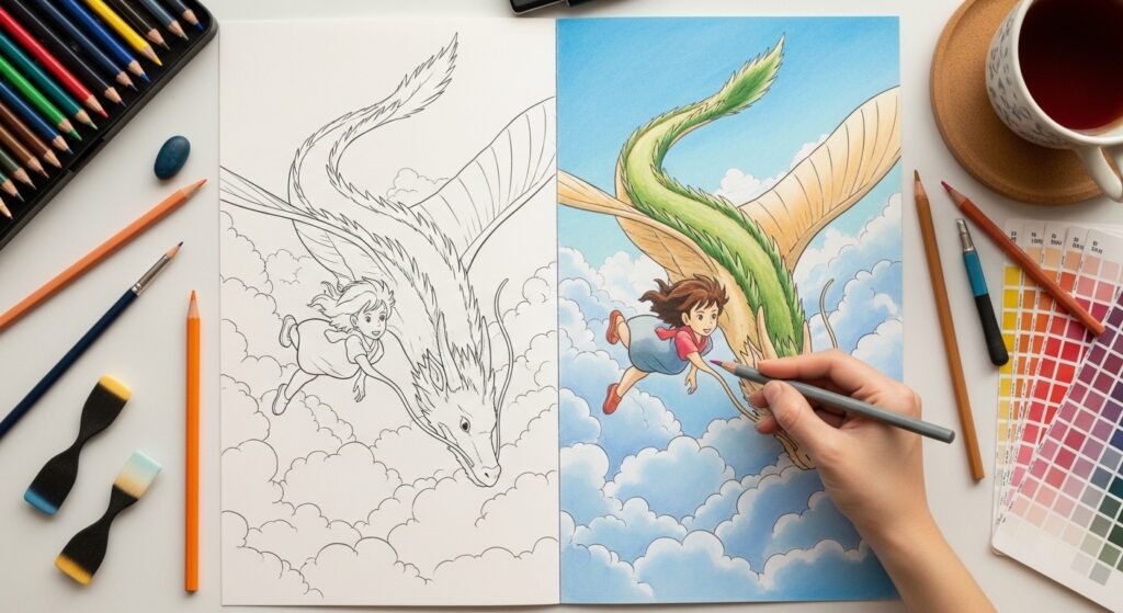 An overhead shot of an open coloring book, showcasing a Studio Ghibli Coloring Pages illustration. The left page displays the black and white line art of a person riding a large, winged dragon through clouds. The right page shows the same illustration partially colored, depicting a blue sky with white clouds, a green and tan dragon, and a figure with brown hair and a blue outfit. A hand is holding a grey colored pencil, actively coloring the dragon. Various art supplies like colored pencils, blending tools, and a cup of tea are scattered around the book on a light surface.