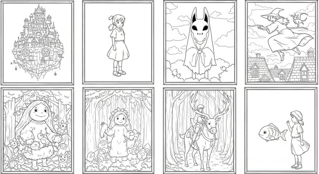 A collage of eight individual black and white line art coloring pages, each framed, featuring various fantasy and anime-inspired characters and scenes. From top left to bottom right, the images include: 1) A complex, intricate floating castle with many towers and details. 2) A young girl in a simple dress standing. 3) A mask-wearing forest spirit with pointed ears. 4) A witch flying on a broomstick over rooftops. 5) A round, cheerful creature surrounded by small, fluffy creatures. 6) A young girl in a dress standing in a forest, holding a basket. 7) A figure riding on the back of a large, majestic deer with antlers in a forest. 8) A young girl looking at a large fish. All illustrations are composed of clean black lines without any shadows