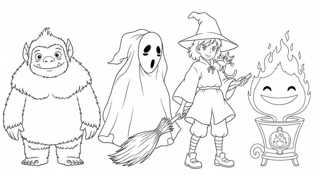 A black and white line art illustration featuring four distinct fantasy characters suitable for coloring. From left to right: a large, furry, friendly monster with big feet; a ghost with oval eye holes and a mouth hole, holding a broom; a young witch wearing a pointed hat and robe, with a small cat on her shoulder and holding a staff; and a flame character with a smiling face, sitting within a small ornate pot.