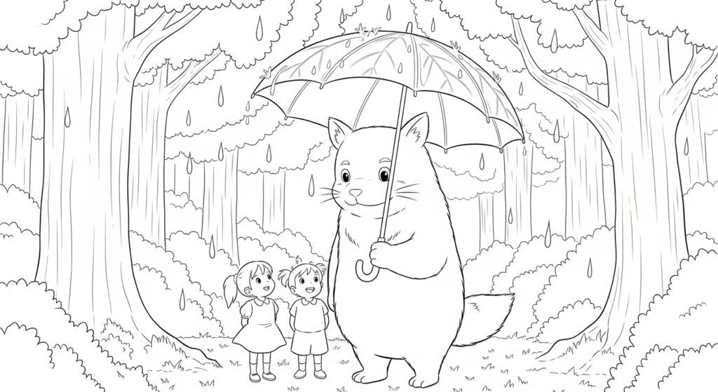 A detailed black and white line art illustration depicts a large, cat-like creature with pointed ears holding a large umbrella over itself and two small children. Raindrops are falling all around them. They are standing in a forest with many tall, slender trees and underbrush outlined in the background. The illustration uses clean black lines throughout, with no shading or shadows.